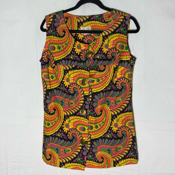 Vintage 60/70s Leisure Lady Bold Colourful Paisley Sleeveless Button Front Top S - Picture 12 of 12